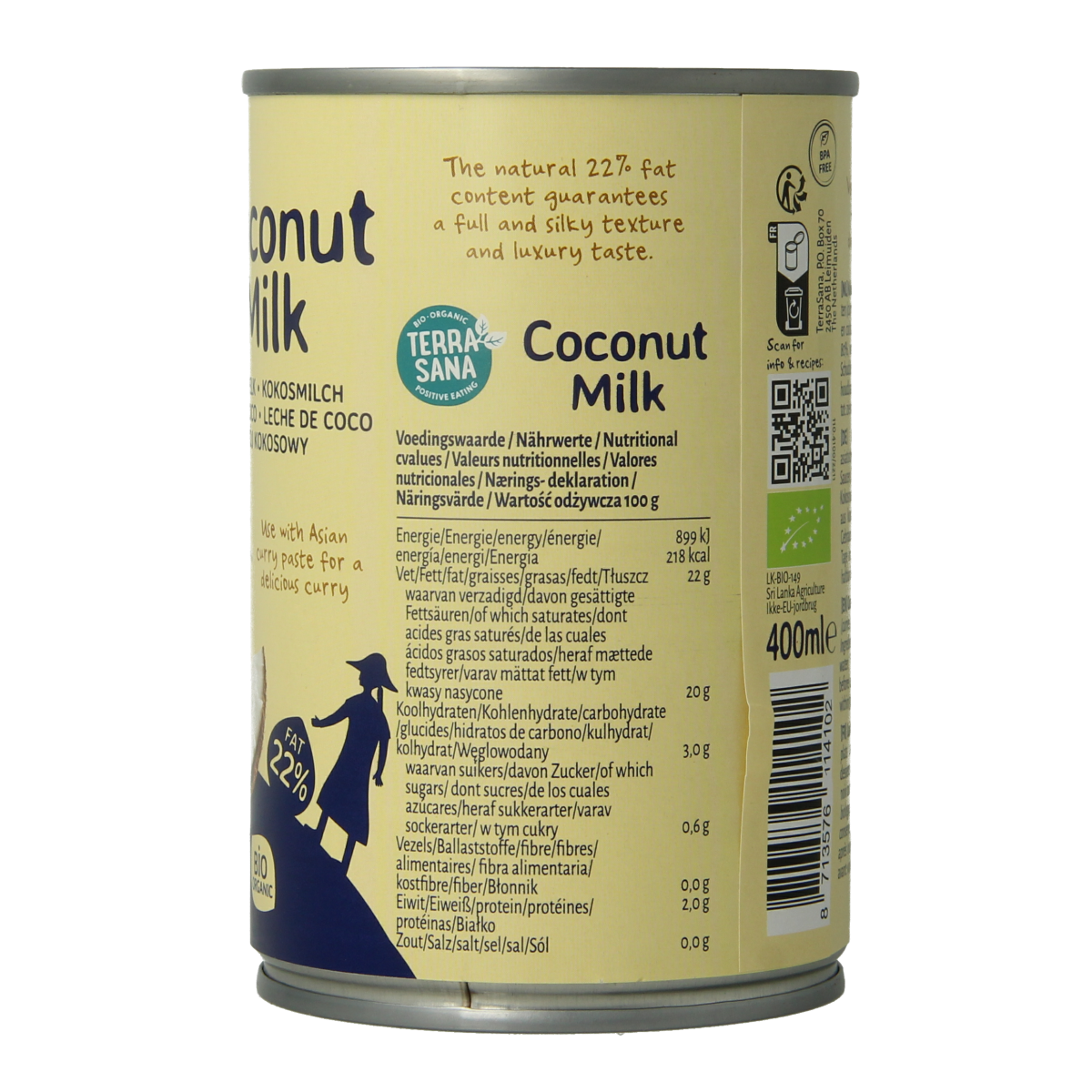 Organic TerraSana Kokosmelk with 22% fat, 400ml bottle, suitable for sauces and flavoring in cooking.