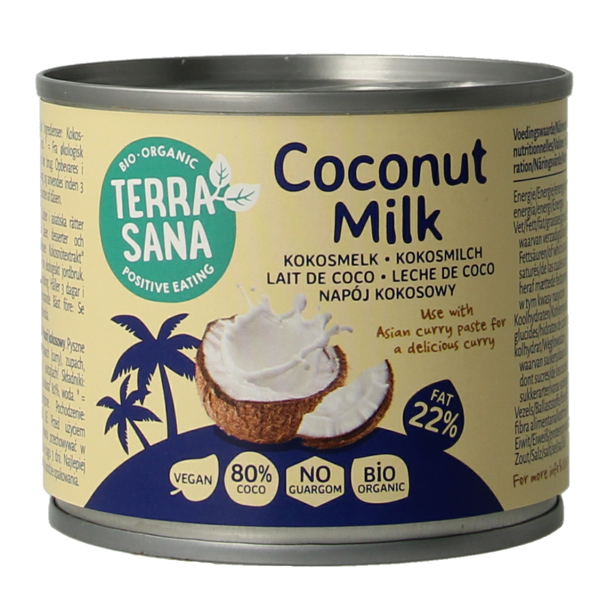 Organic TerraSana coconut milk with 22% fat in a 200ml bottle, used for sauces and flavoring in cooking.