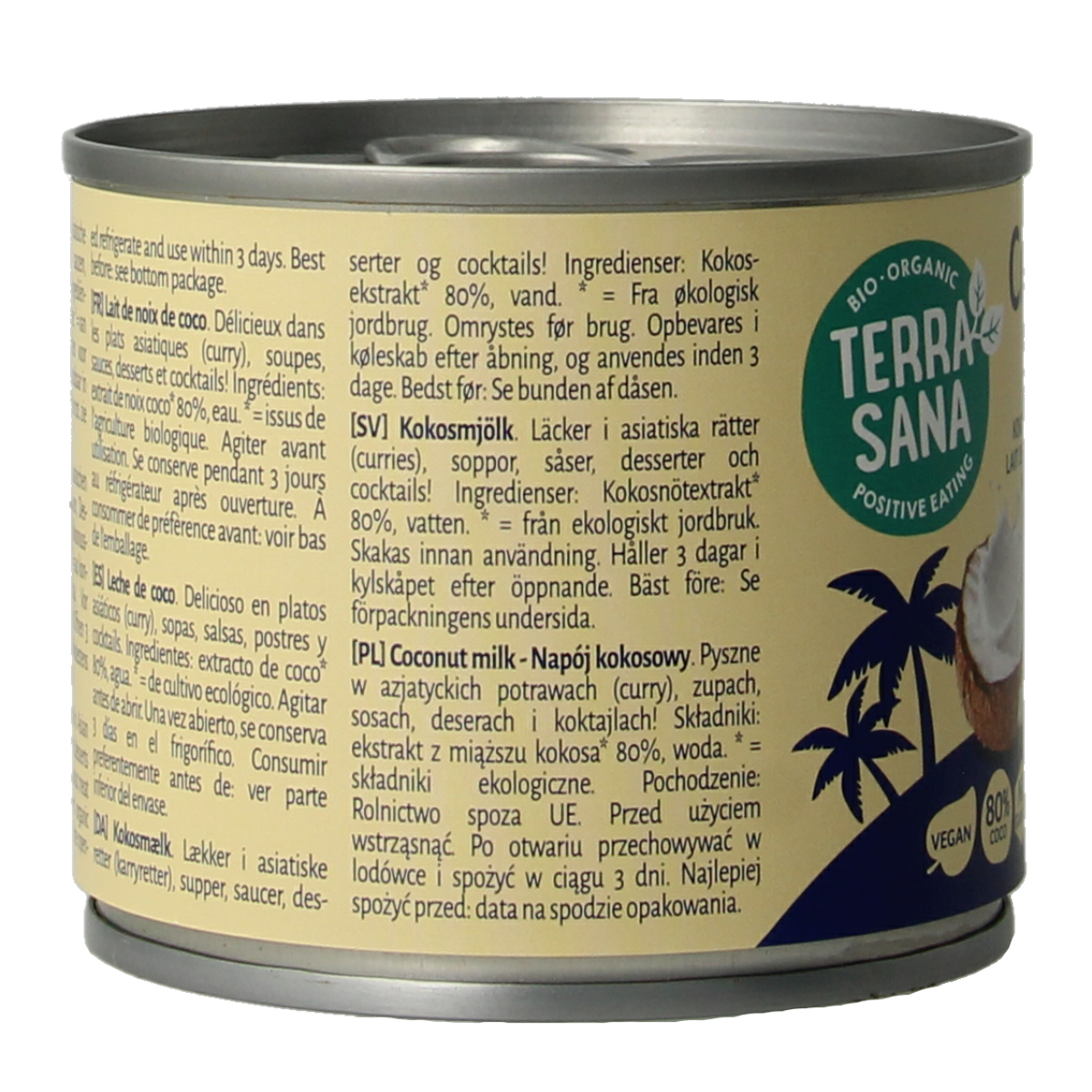 TerraSana bio kokosmelk met 22% vet in een 200 ml verpakking, geschikt voor sauzen en smaakmakers.