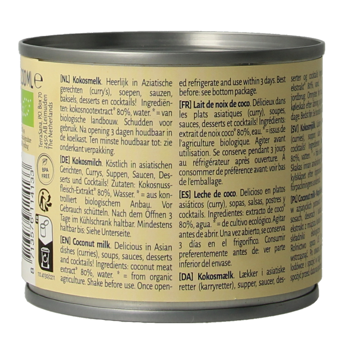 Organic TerraSana coconut milk with 22% fat in a 200ml container, used for sauces and flavoring.