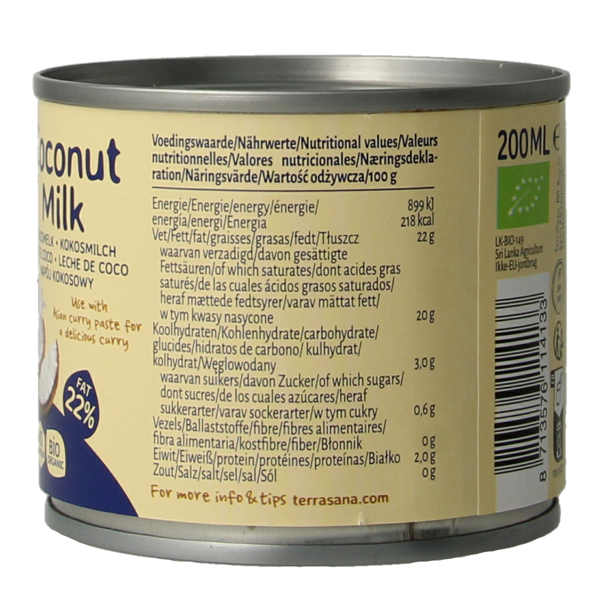 Organic TerraSana coconut milk with 22% fat in a 200ml bottle, ideal for sauces and flavoring in cooking.