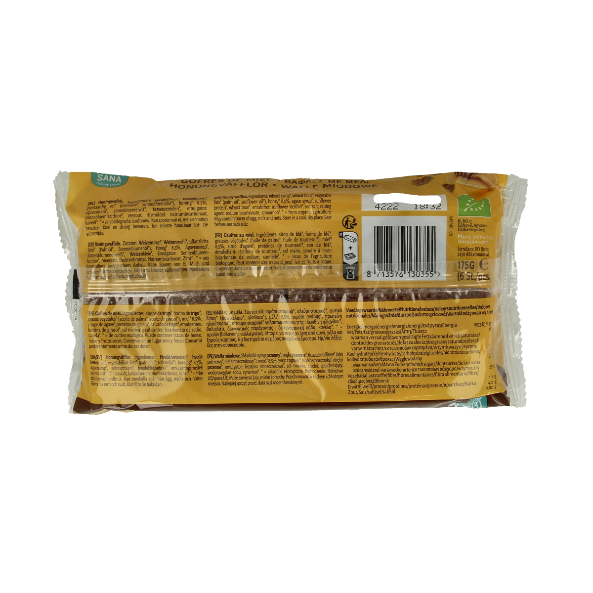 TerraSana bio honingwafels koeken, 175g, with golden honey-flavored crispy wafers on a white background.