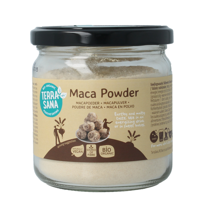 Raw TerraSana Maca high energy bio powder in a 175g package, showcasing the vibrant powder and TerraSana branding.