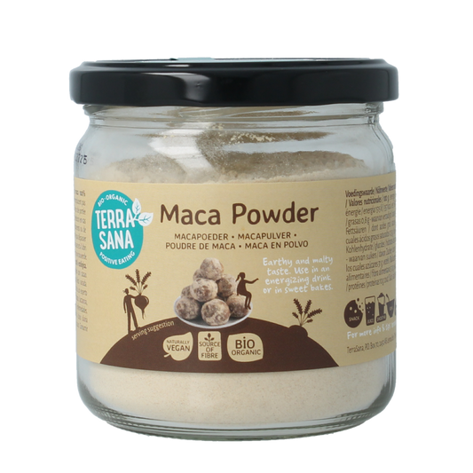 Raw TerraSana Maca high energy bio powder in a 175g package, showcasing the vibrant powder and TerraSana branding.