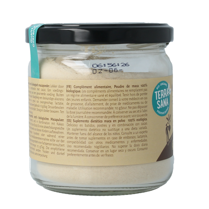 TerraSana Maca high energy bio raw superfood powder in a 175g package, showcasing the vibrant organic maca root powder.