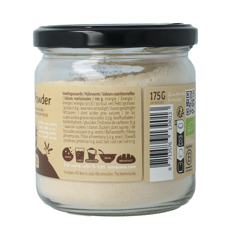 Raw TerraSana Maca high energy bio superfood in a 175g package, showing the powdered maca root in a clear container.