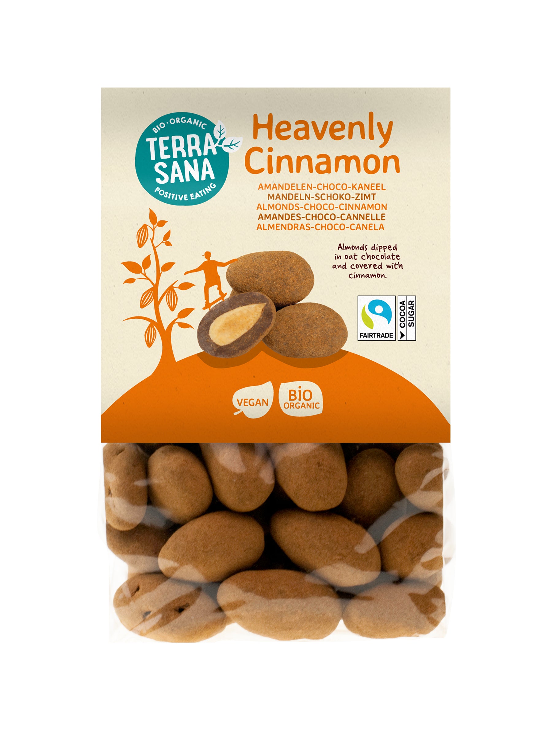 TerraSana Heavenly Cinnamon Choco snack in 150g package, featuring cinnamon and chocolate flavor, ideal for healthy snacks.