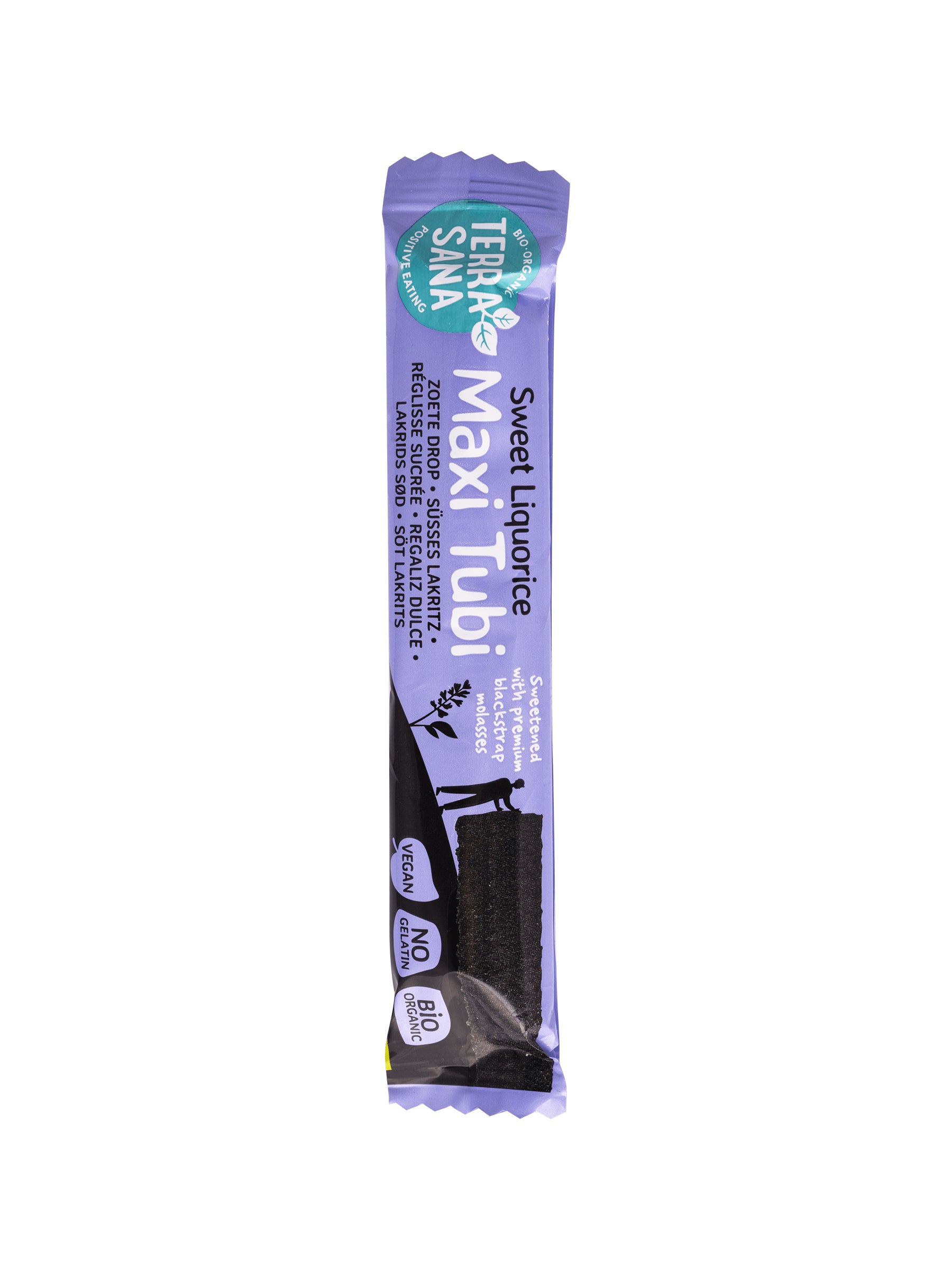 TerraSana Tubi maxi zoete drop bio, 28g, organic snack with colorful drop shapes on packaging.