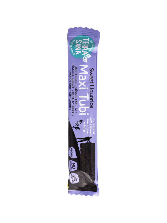 TerraSana Tubi maxi zoete drop bio, 28g, organic snack with colorful drop shapes on packaging.