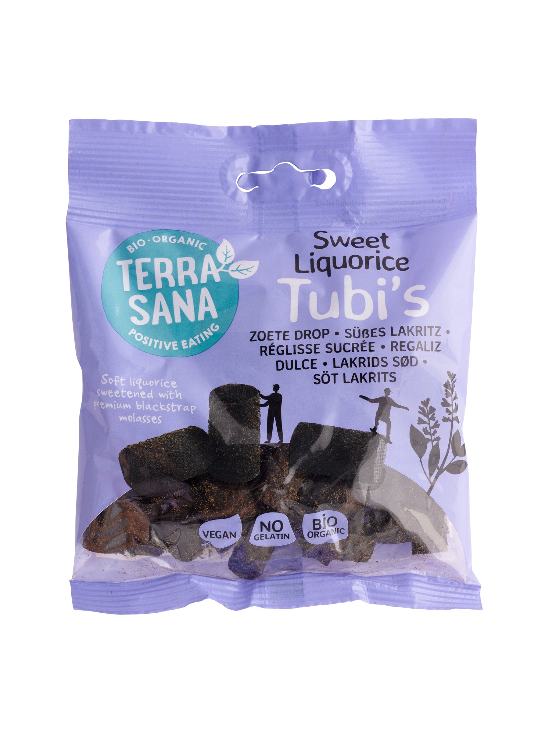 TerraSana Zoete Drop Tubi's bio in a 100g package, colorful fruit-flavored chewy candy from organic ingredients.