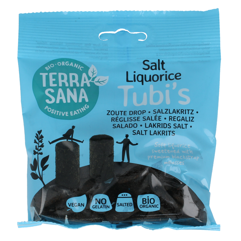 TerraSana Zoute Drop Tubi's Bio, 100g, organic salty candy in a clear tub with colorful drops, natural and chewy texture.