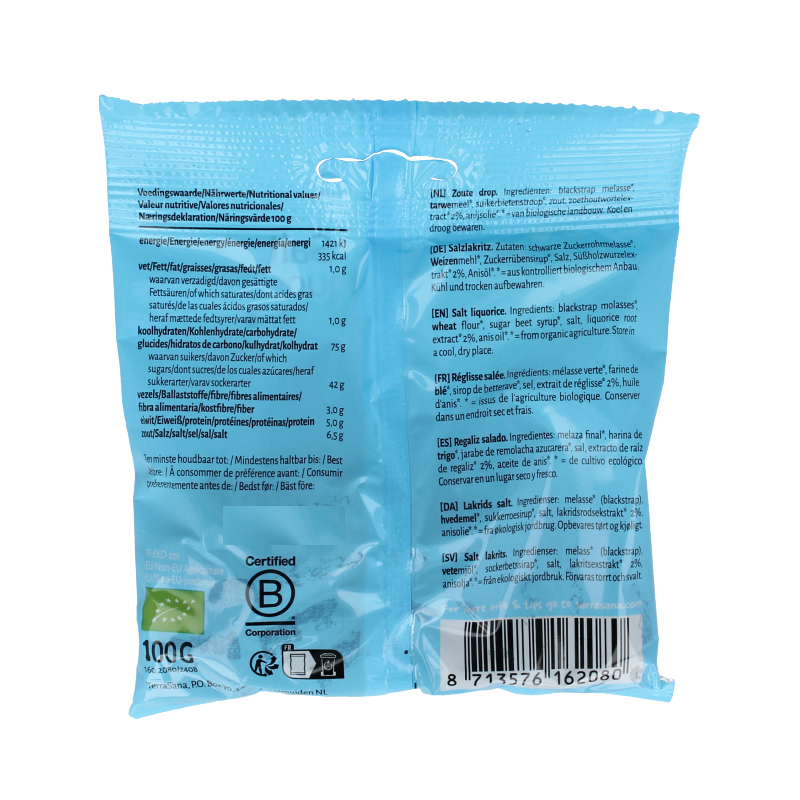 TerraSana Zoute Drop Tubi's bio snoepgoed in a clear container, showing golden caramel-coated sour candies.