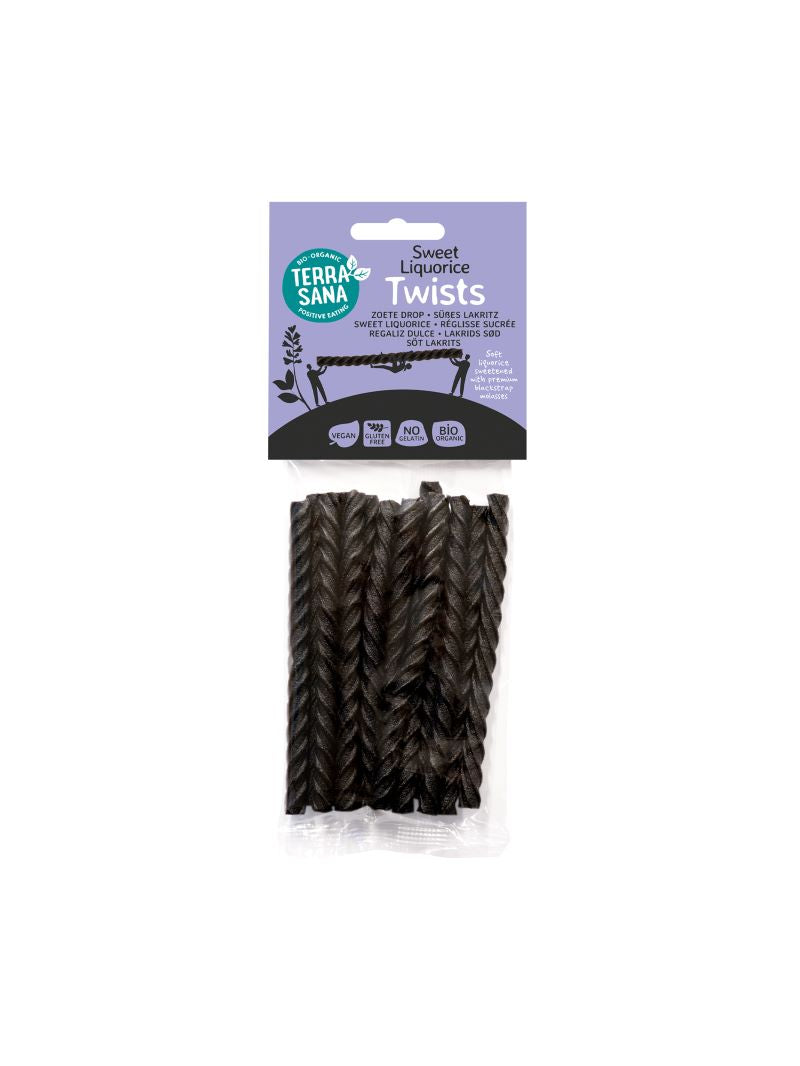 TerraSana Zoete Drop Kabels Twist bio snoepgoed in 100g, colorful twisted candy strands on a white background.