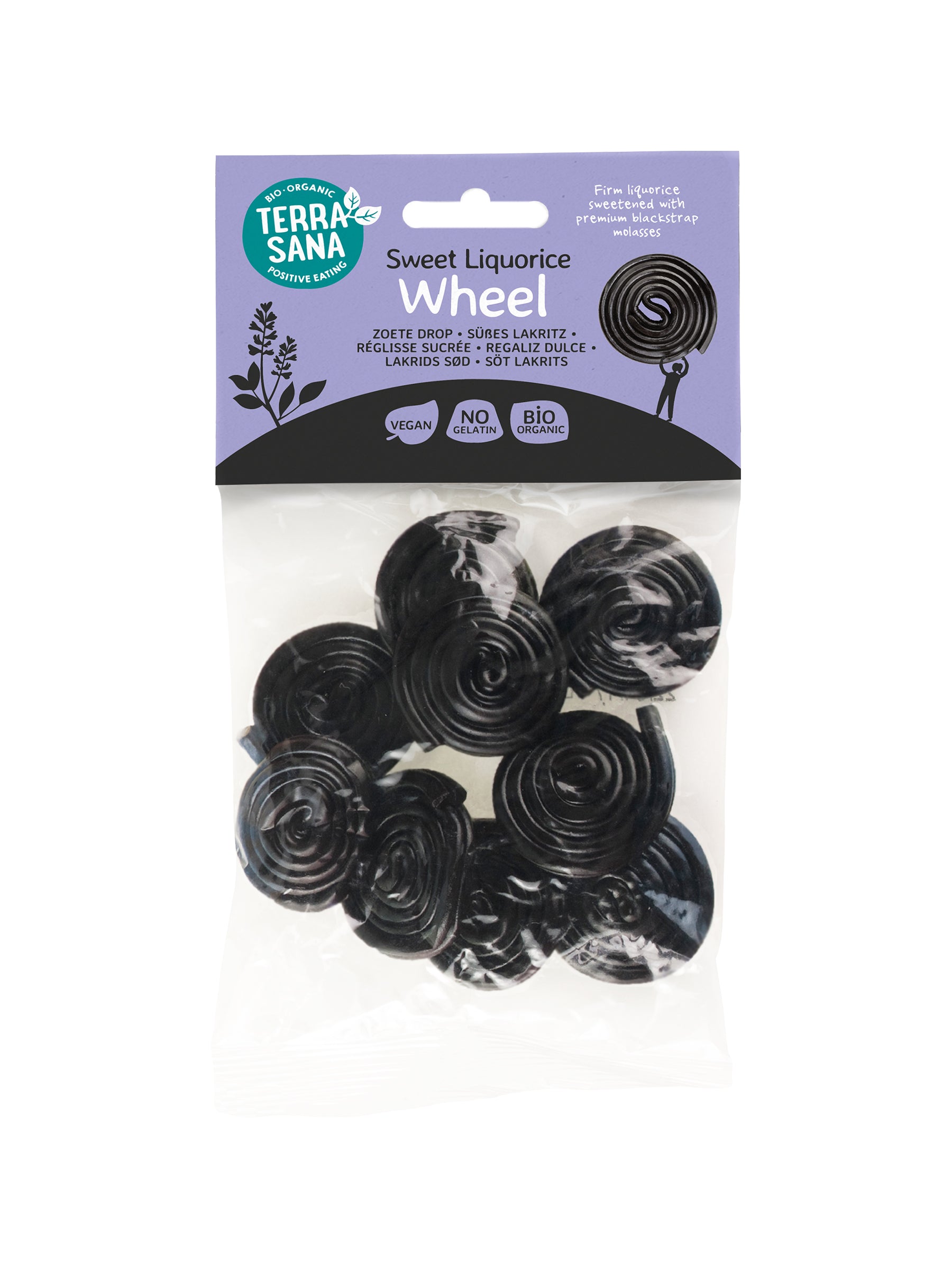 TerraSana Wheel Drop Bio organic snoepgoed in a 100g package, featuring colorful, natural candies on a white background.