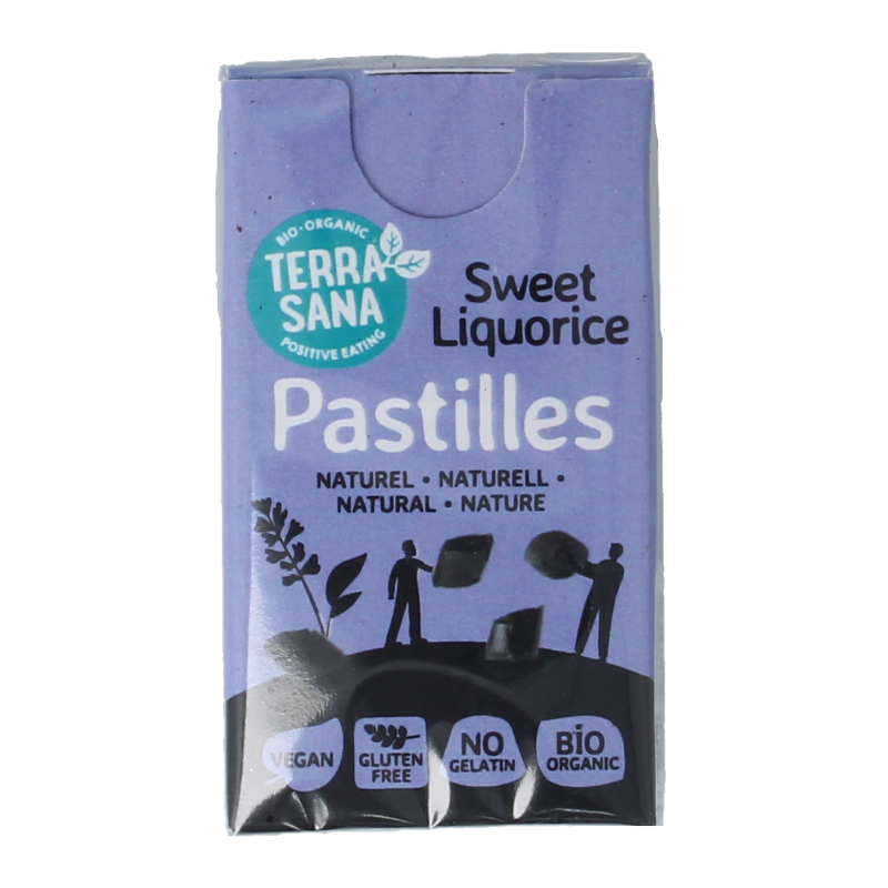 TerraSana Droppastilles naturel bio snoepgoed in 25g package, showing colorful, natural fruit-flavored drops on a white background.
