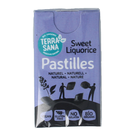 TerraSana Droppastilles naturel bio snoepgoed in 25g package, showing colorful, natural fruit-flavored drops on a white background.