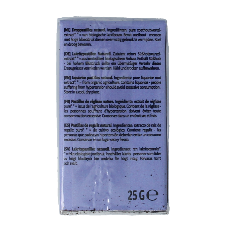 TerraSana Droppastilles bio snoepgoed in een transparante verpakking, 25 gram, met snoepjes zichtbaar.