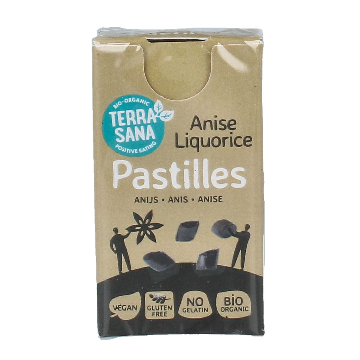 TerraSana Droppastilles anijs bio, organic anise candies in a clear package, 25 grams of natural snoepgoed.