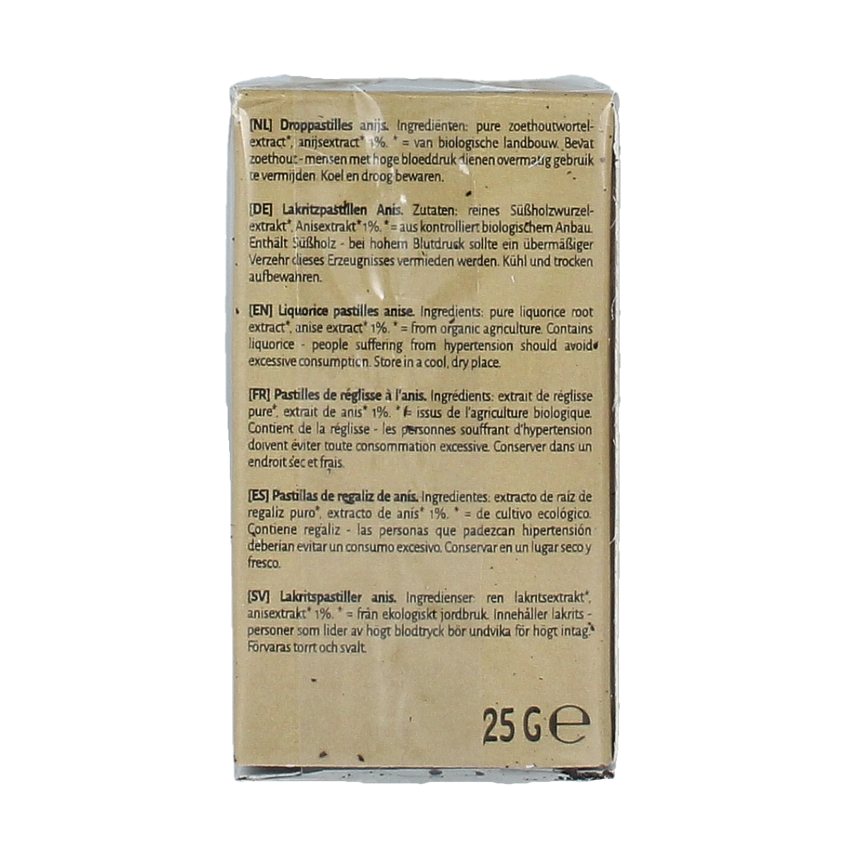 TerraSana Droppastilles anijs bio, organic anise-flavored candy in a 25-gram package, shown in the image.