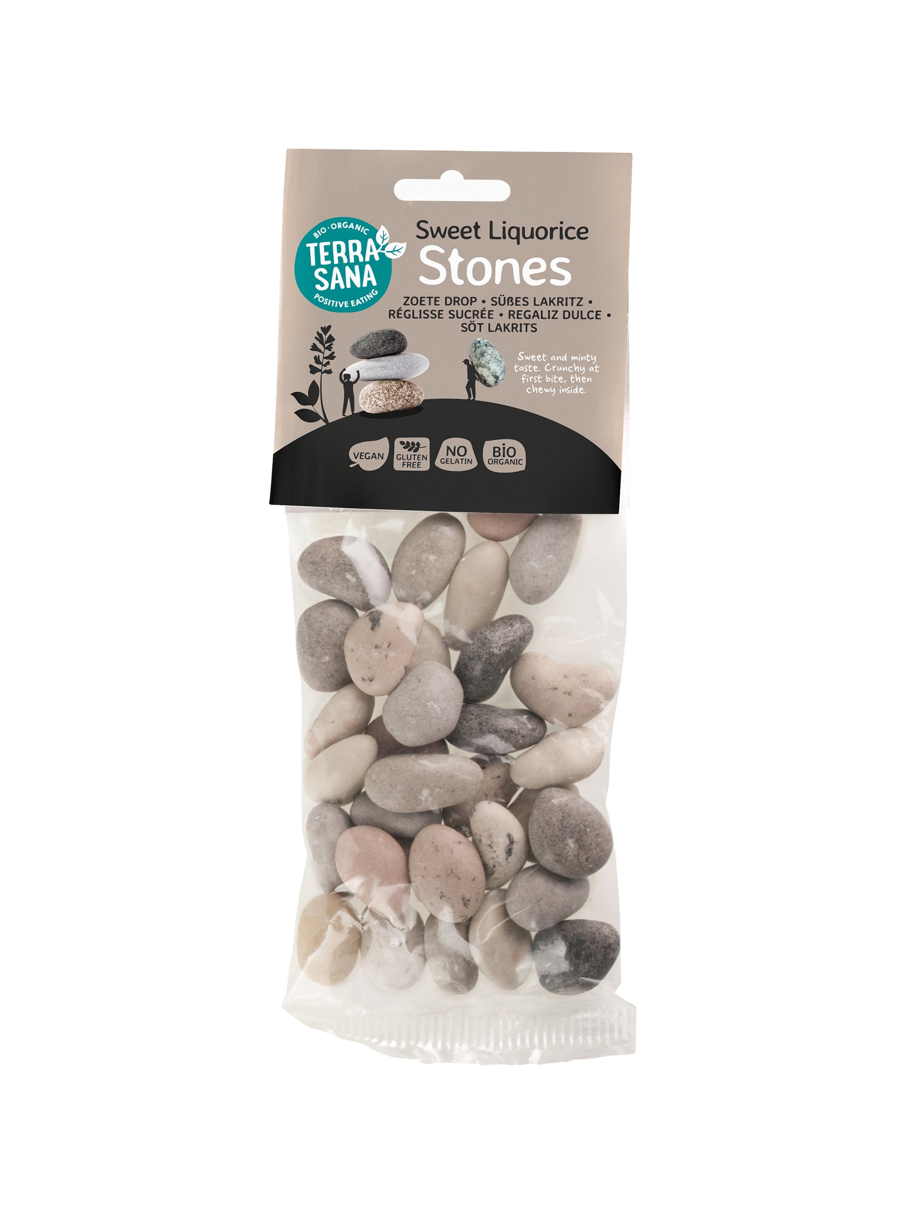 TerraSana Zoete Drop Stones organic snoepgoed in 100g package, colorful soft drop candies on a white background.