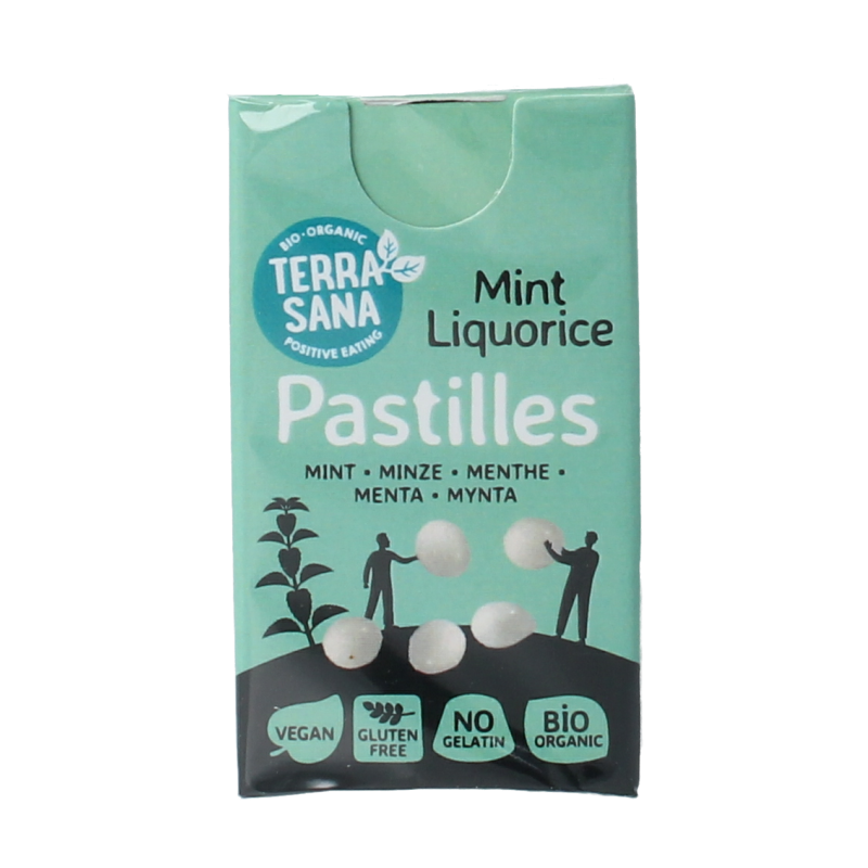 TerraSana Droppastilles mint bio snoepgoed in 25g package, showing shiny mint candies in a clear bag.