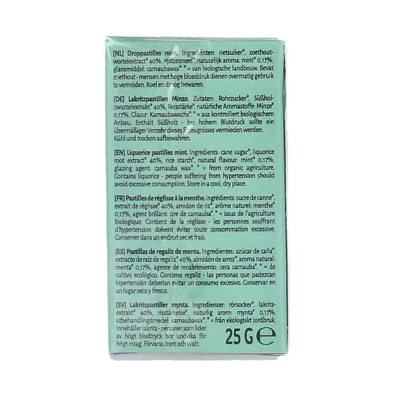 TerraSana Droppastilles mint bio, organic mint candies in a 25g package, natural and refreshing snoepgoed.