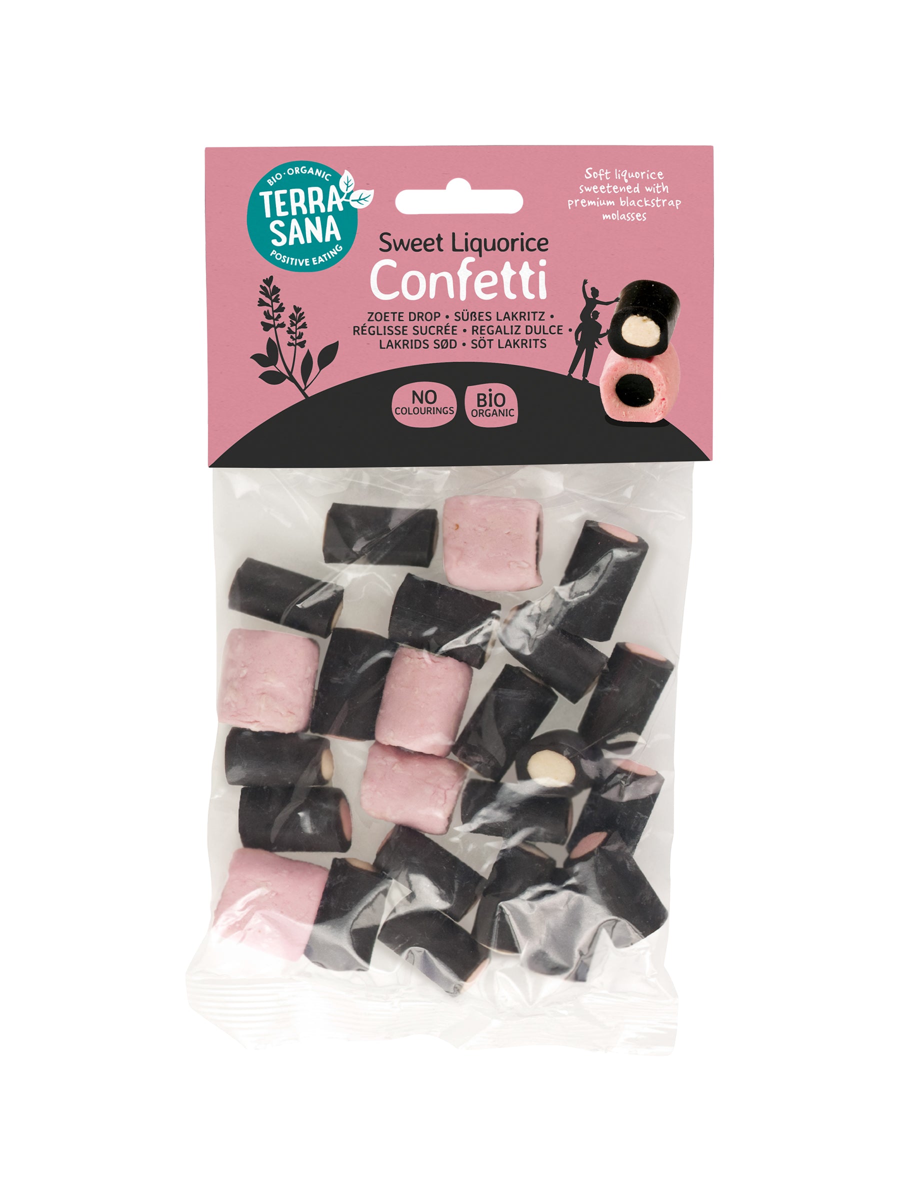 TerraSana Confetti Drop gevuld bio snoepgoed in een doorzichtige verpakking, kleurrijk en fruitig, 100 gram.