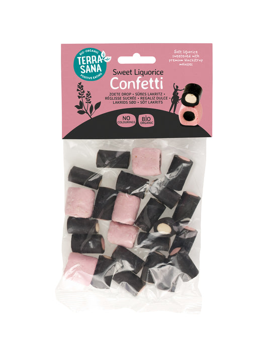 TerraSana Confetti Drop gevuld bio snoepgoed in een doorzichtige verpakking, kleurrijk en aantrekkelijk voor een natuurlijke traktatie.