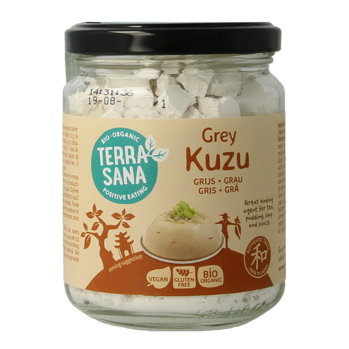 TerraSana Kuzu grijs organic glass jar, 125g, natural thickening agent from eco-friendly bakmixen en melen product line.