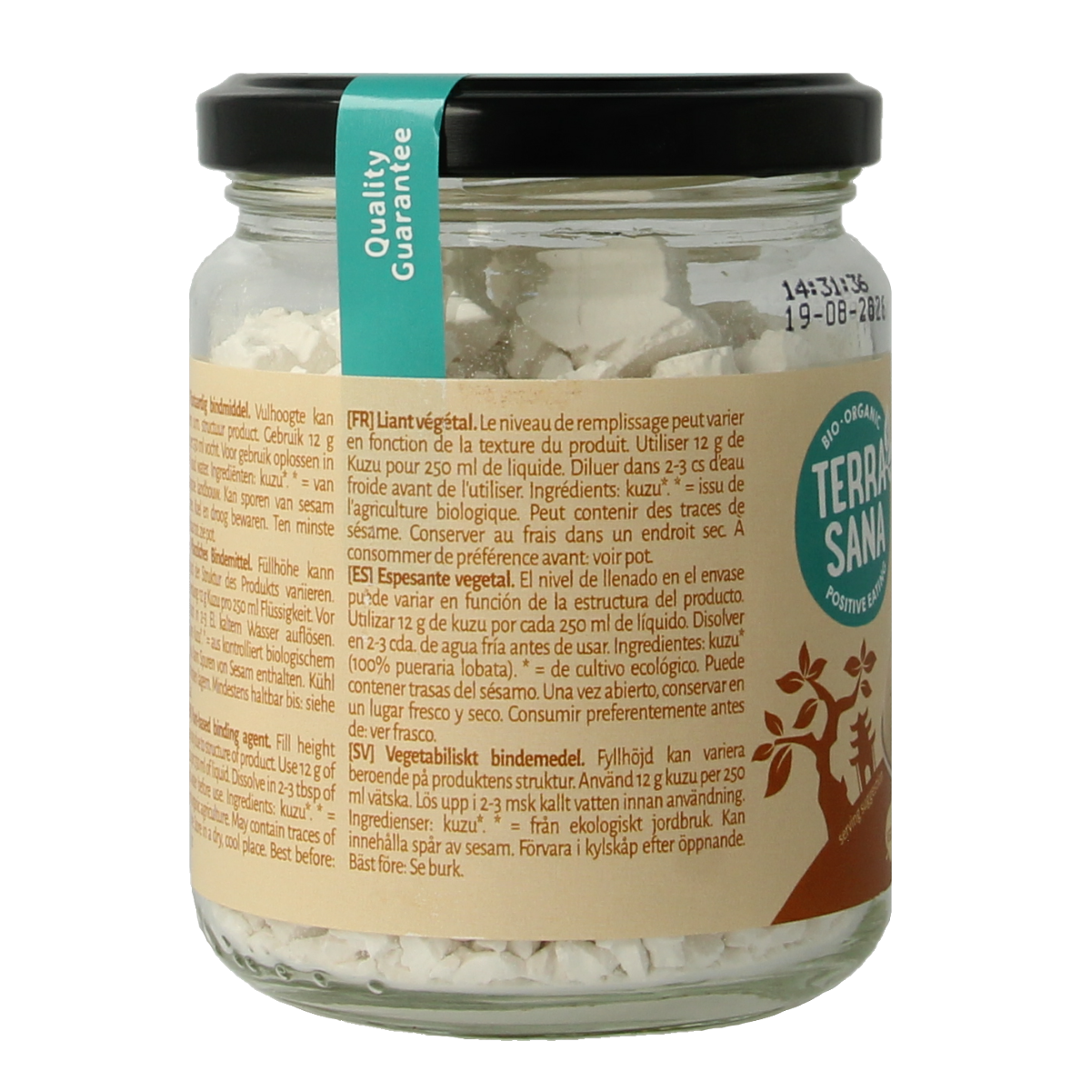 Organic TerraSana Kuzu grijs in glass packaging, 125g, natural gluten-free thickening agent for cooking and baking.