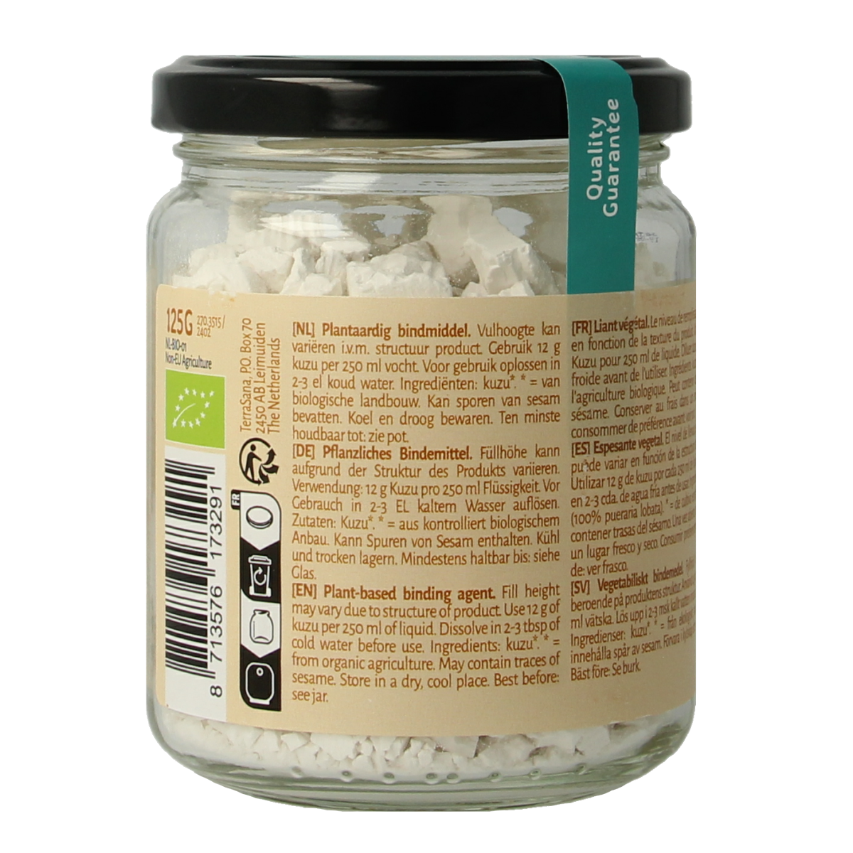 Organic TerraSana Kuzu gluten-free powder in a glass jar, 125 grams, natural and eco-friendly bio baking ingredient.