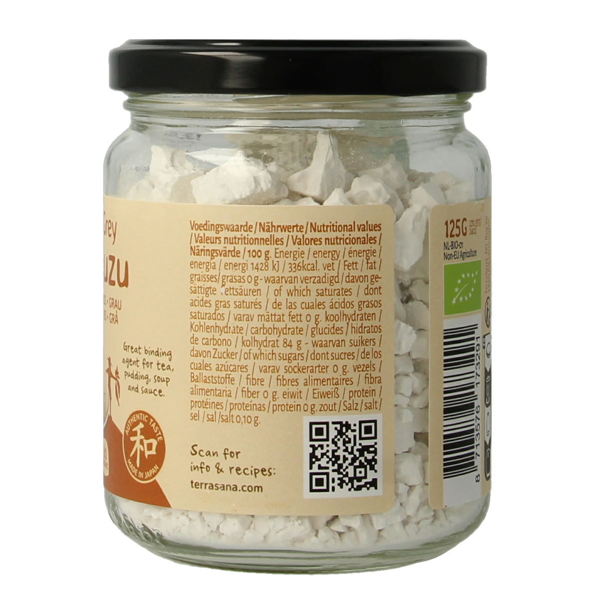 TerraSana Kuzu grijs bio gluten-free flour in a glass jar, 125 grams, natural organic baking mix for gluten-free recipes.