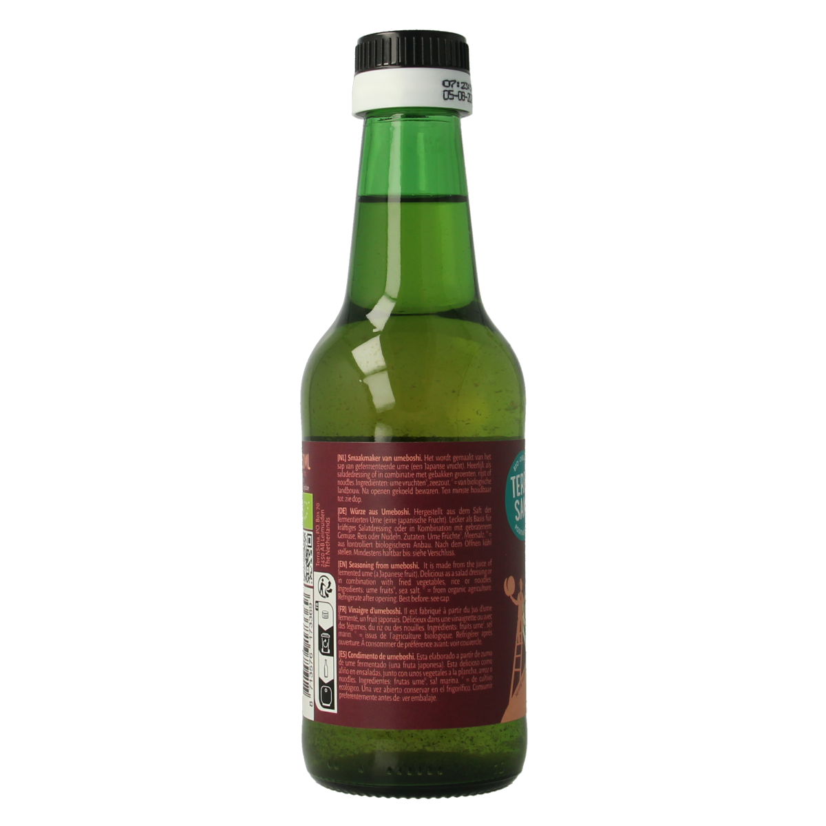 TerraSana Ume Su bio, 250ml bottle of organic plum vinegar in a clear glass bottle with label and cap.