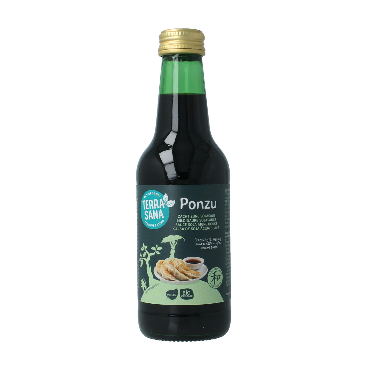 TerraSana Ponzu organic sauce bottle, 250ml, with label showing Japanese citrus and soy ingredients, in a clear glass bottle