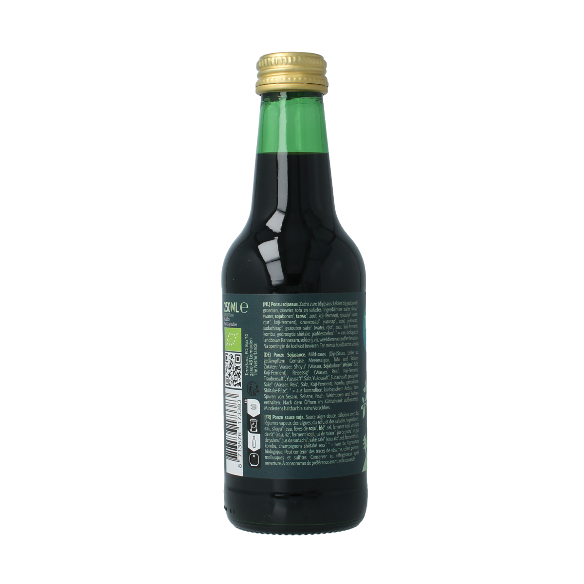 TerraSana organic Ponzu sauce bottle, 250ml, with label showing citrus and soy ingredients, in a clear glass bottle.