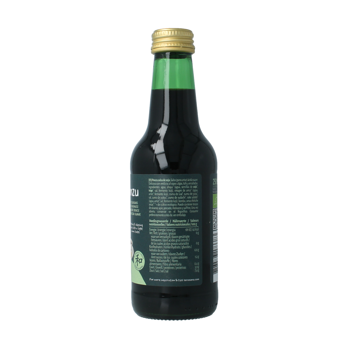 TerraSana bio Ponzu sauce bottle, 250ml, with a clear label showing the organic soy-based condiment for flavorful dishes