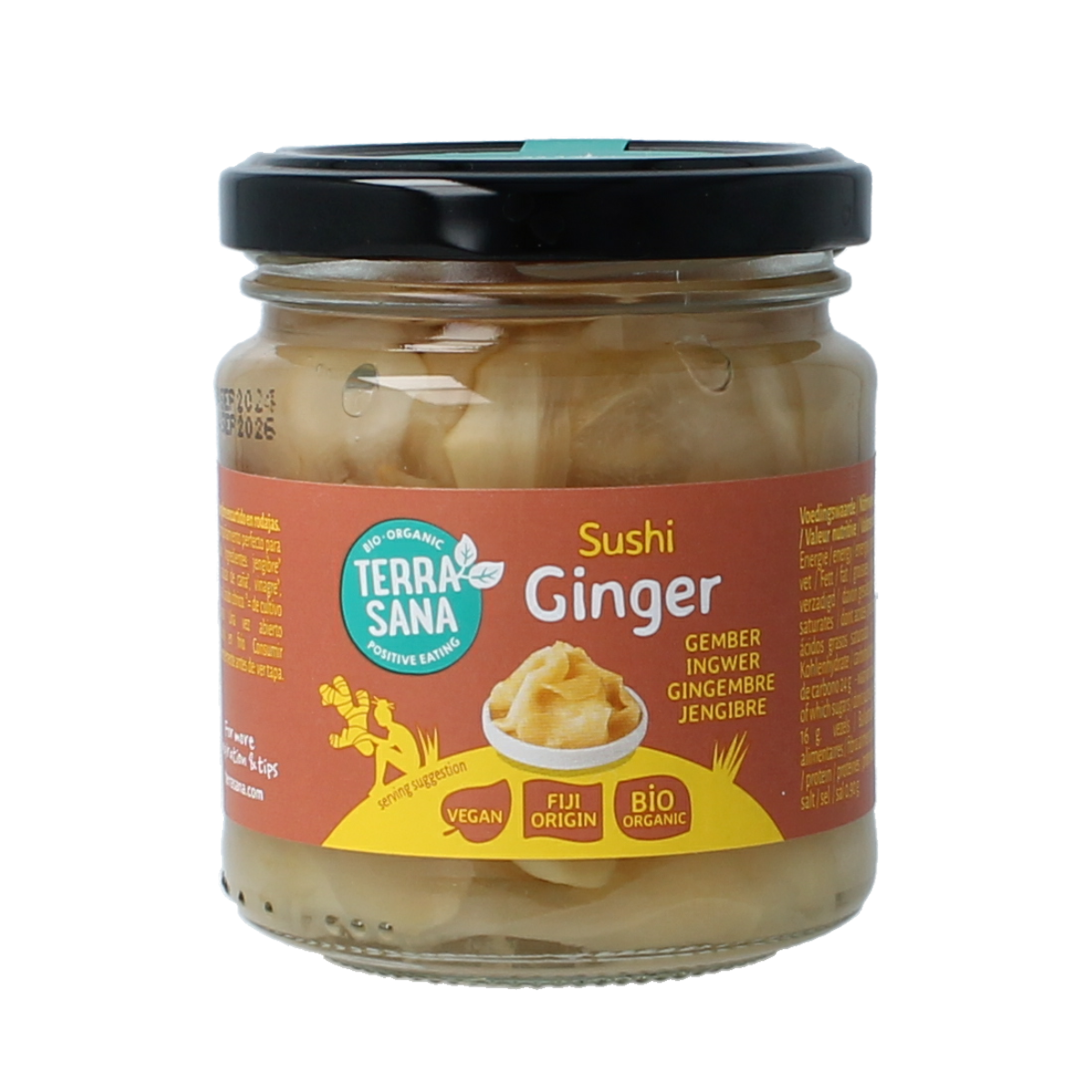 Organic TerraSana sushi ginger in a 190g jar, showcasing fresh, sliced ginger for sushi and Asian dishes.