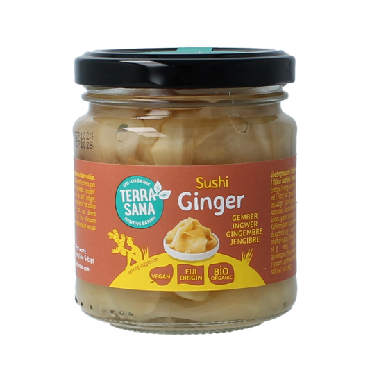 Organic TerraSana sushi ginger in a 190g jar, showcasing fresh, sliced ginger for sushi and Asian dishes.