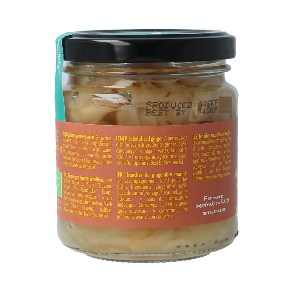 Organic TerraSana Sushi Ginger in 190g jar, showing fresh sliced ginger for sushi and Asian dishes.