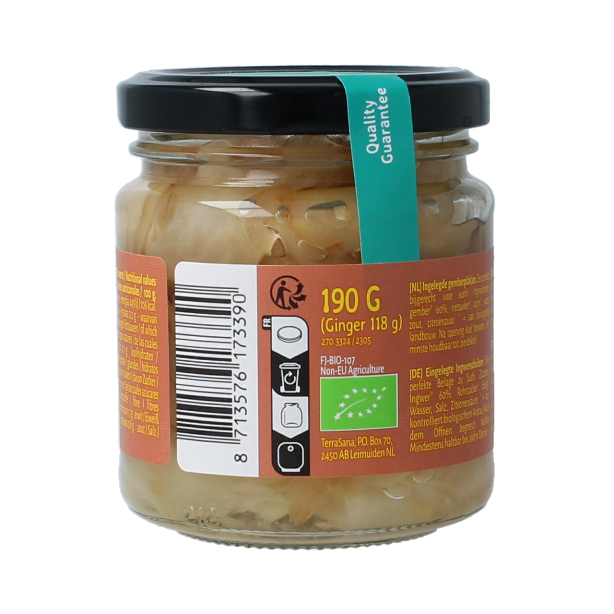 Organic TerraSana Sushi Ginger in 190g jar, featuring fresh, sliced ginger for sushi and Asian dishes.