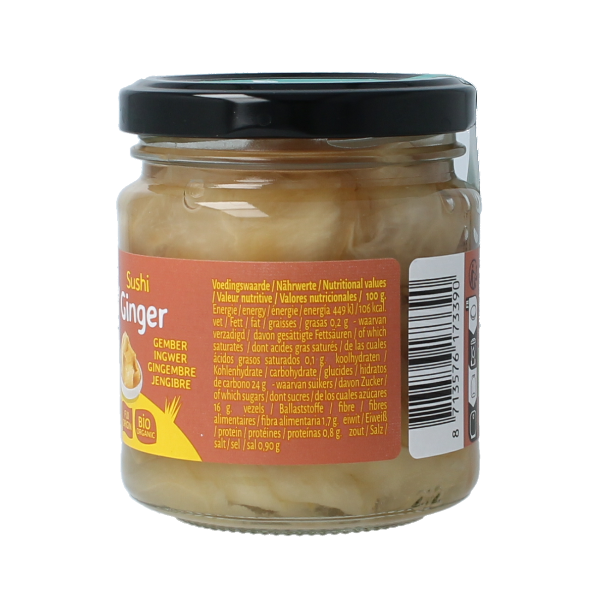Organic TerraSana sushi ginger in 190g package, fresh and sliced ginger for sushi and Asian dishes.