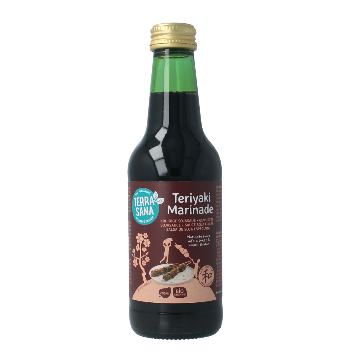 TerraSana organic teriyaki sauce bottle, 250ml, with label showing product details, in a kitchen setting