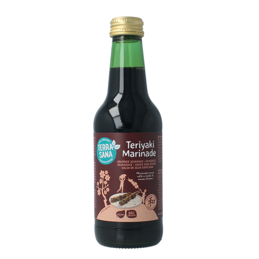TerraSana organic teriyaki sauce bottle, 250ml, with label showing product details, in a kitchen setting