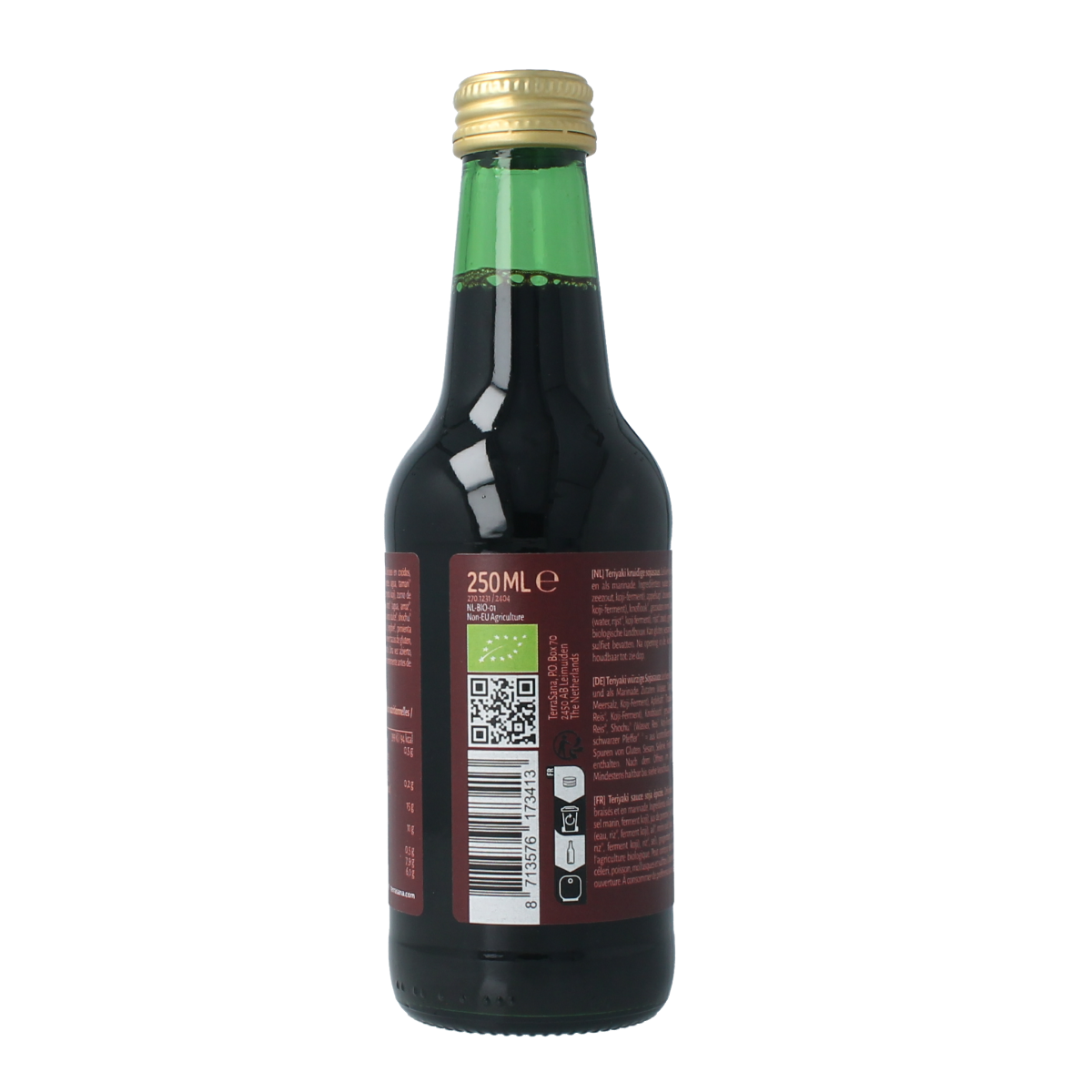 TerraSana Bio Teriyaki Sauce in 250ml bottle, natural soy-based sauce for Asian dishes, eco-friendly packaging.