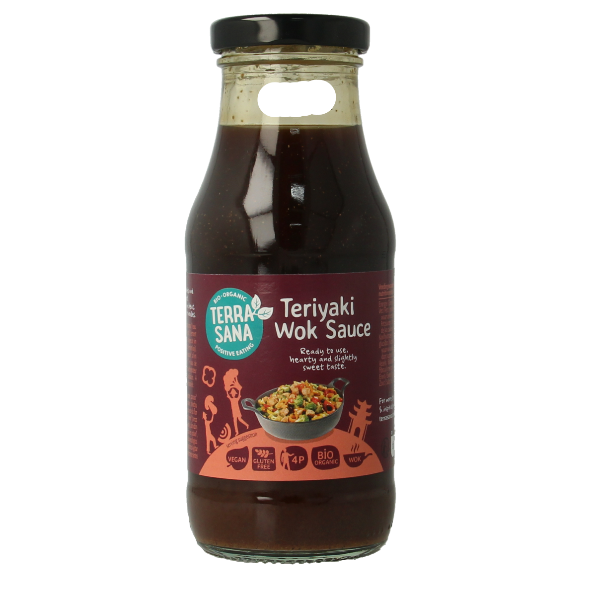 TerraSana bio teriyaki woksaus in 240ml bottle, featuring a golden-brown sauce with a soy-based flavor for stir-fry dishes.
