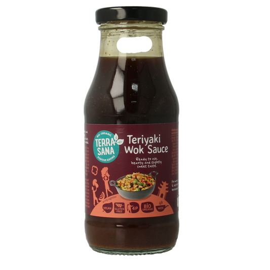TerraSana bio teriyaki woksaus in 240ml bottle, featuring a golden-brown sauce with a soy-based flavor for stir-fry dishes.