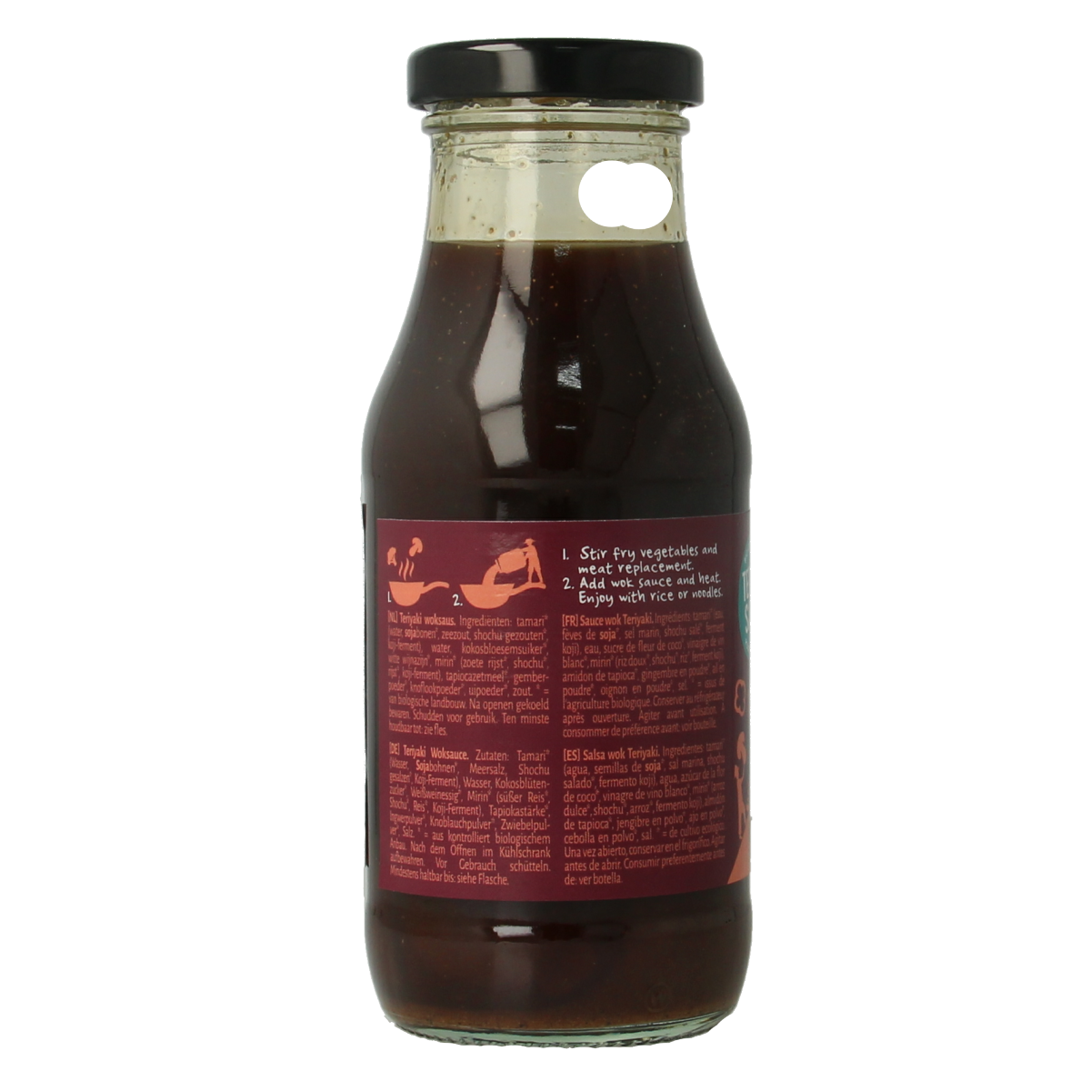 TerraSana bio teriyaki woksaus in 240ml bottle, savory sauce in a clear glass container with label.