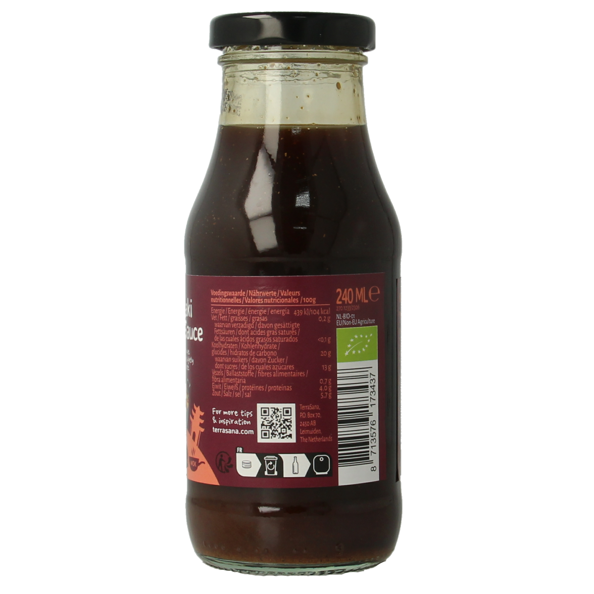 TerraSana bio teriyaki woksaus bottle, 240ml, in a clear container with a white label featuring green and red accents.