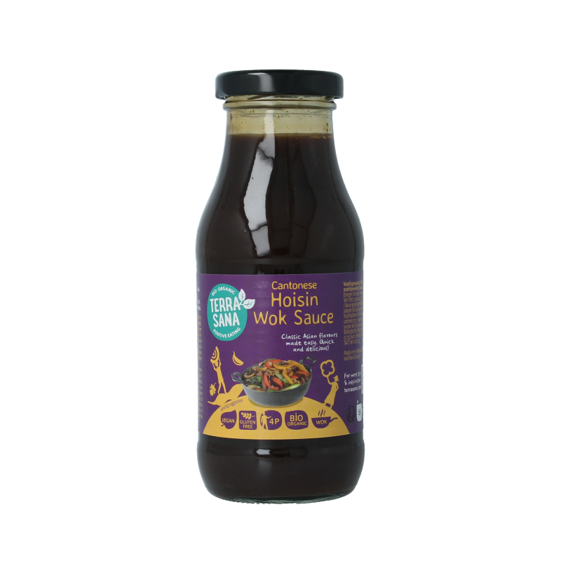 TerraSana Hoisin woksaus bio in 240ml bottle, showcasing the sauce with a focus on the label and bottle design.
