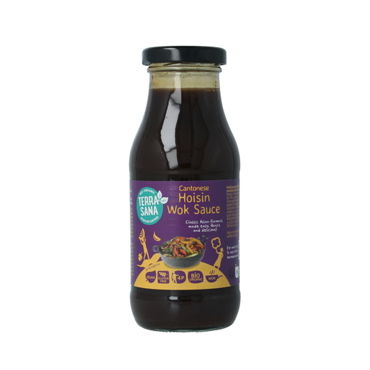 TerraSana Hoisin woksaus bio in 240ml bottle, showcasing the sauce with a focus on the label and bottle design.